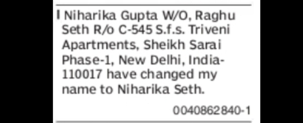 Name Change Declaration – Niharika Gupta