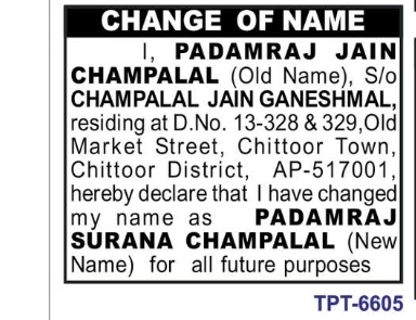 Name Change Declaration – Padamraj Surana Champalal