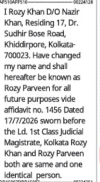 Name Change Declaration – Rozy Khan to Rozy Parveen