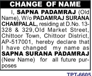 Name Change Declaration – Sapna Surana Padamraj