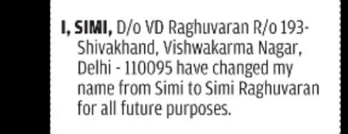 Name Change Declaration – Simi Raghuvaran