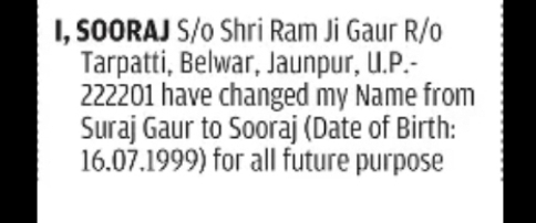 Name Change Declaration – Sooraj Gaur to Sooraj