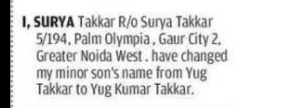 Name Change Declaration – Yug Kumar Takkar (Minor)