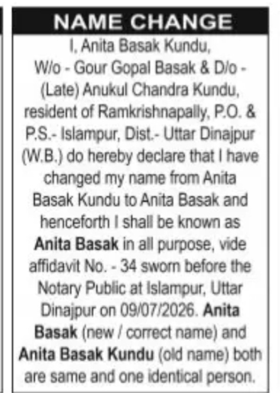 Name Change from Anita Basak Kundu to Anita Basak