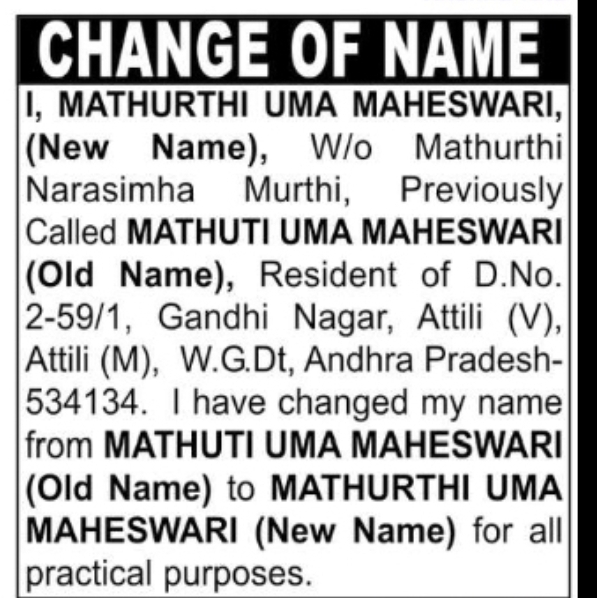 Name Change: Mathuti Uma Maheswari to Mathurthi Uma Maheswari