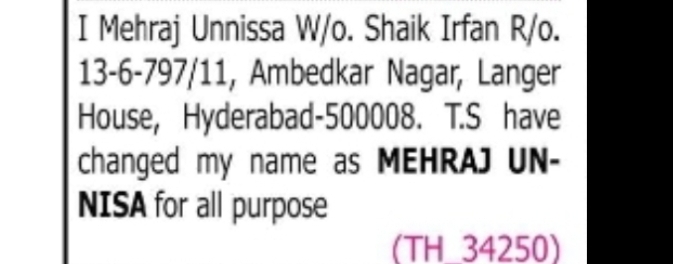 Name Change – Mehraj Unnissa to Mehraj Un-Nisa