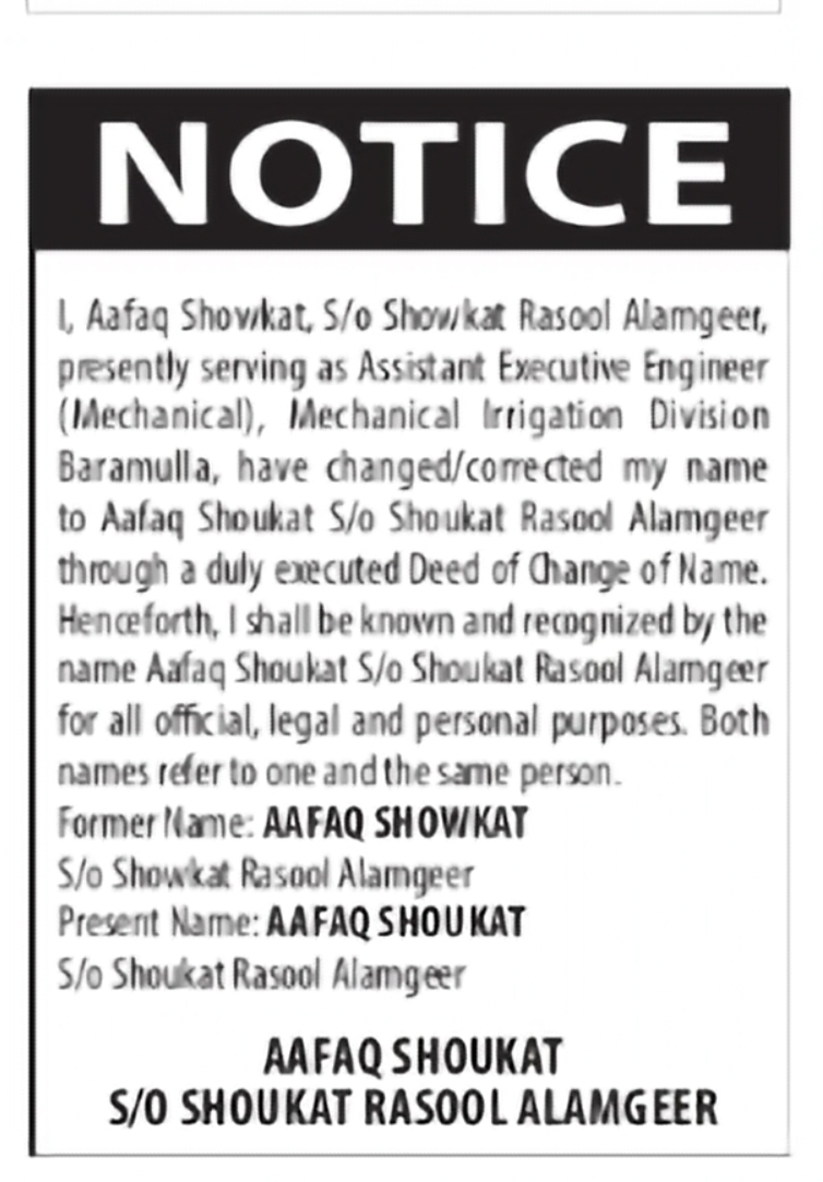 Name Change Notice – Aafaq Showkat to Aafaq Shoukat