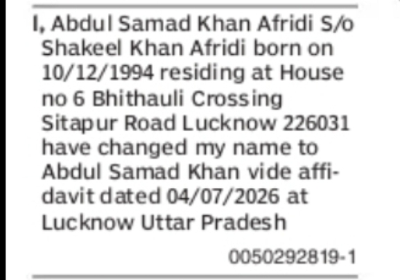 Name Change Notice – Abdul Samad Khan Afridi