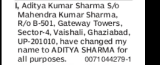 Name Change Notice – Aditya Kumar Sharma to Aditya Sharma
