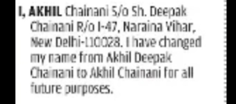 Name Change Notice – Akhil Chainani