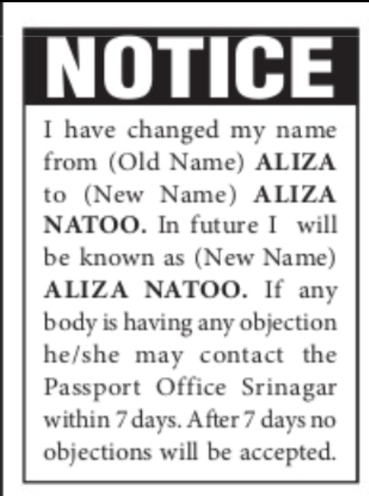 Name Change Notice – Aliza Natoo
