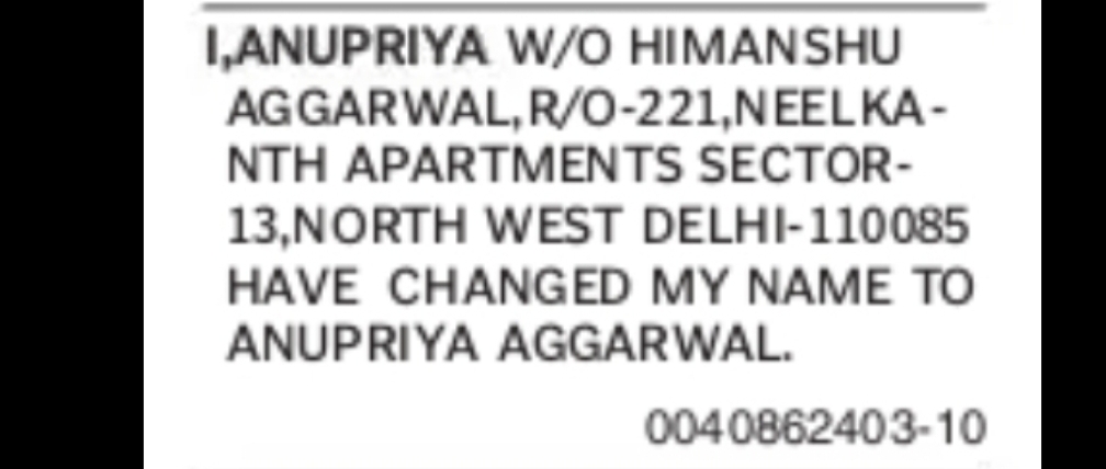 Name Change Notice – Anupriya Aggarwal
