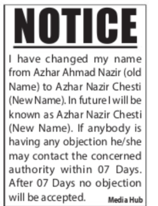 Name Change Notice – Azhar Nazir Chesti