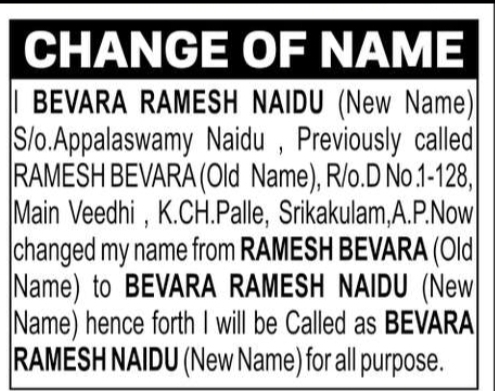 Name Change Notice – Bevara Ramesh Naidu