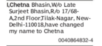 Name Change Notice – Chetna Bhasin to Chetna