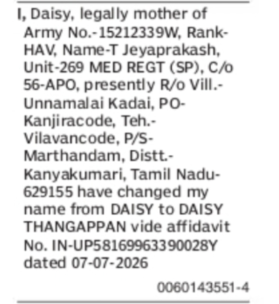 Name Change Notice – Daisy Thangappan