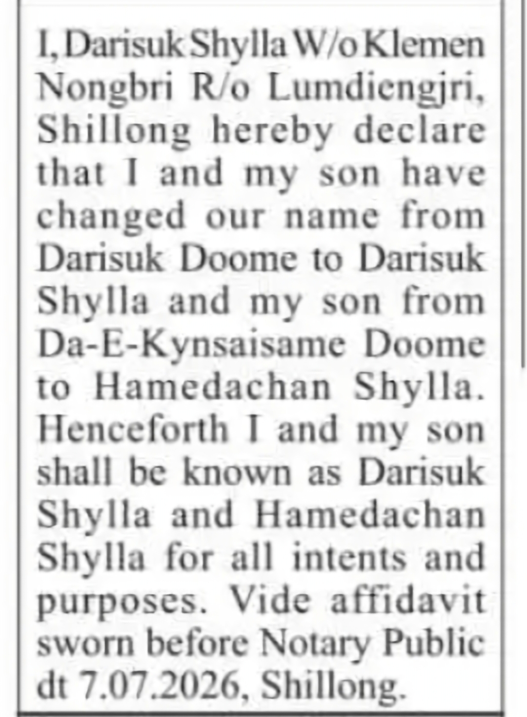 Name Change Notice – Darisuk Shylla & Son