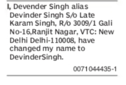 Name Change Notice – Devender Singh alias Devinder Singh to Devinder Singh