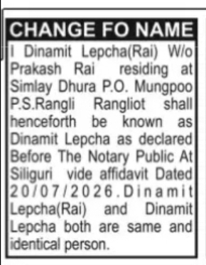 Name Change Notice – Dinamit Lepcha (Rai)