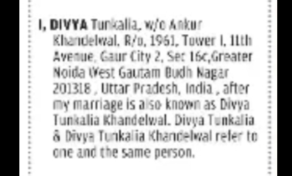 Name Change Notice – Divya Khandelwal