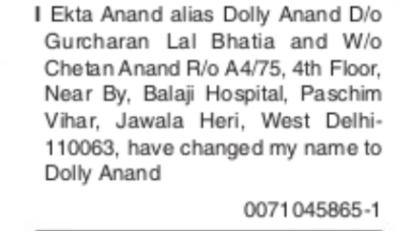 Name Change Notice – Ekta Anand to Dolly Anand