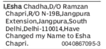 Name Change Notice – Esha Chadha to Esha Chapri
