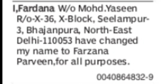 Name Change Notice – Fardana to Farzana Parveen