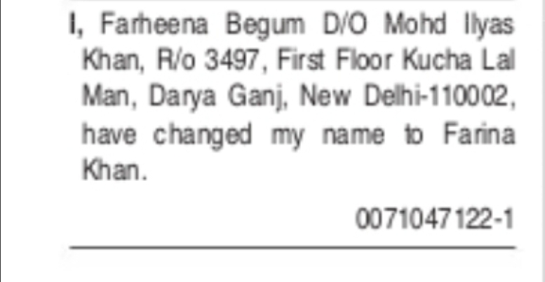 Name Change Notice: Farheena Begum to Farina Khan