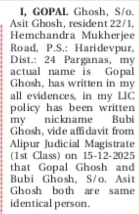 NAME CHANGE NOTICE – GOPAL GHOSH