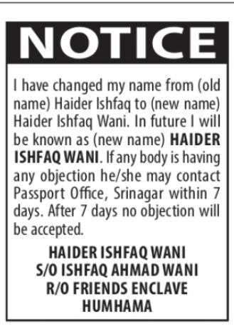 Name Change Notice – Haider Ishfag to Haider Ishfaq Wani