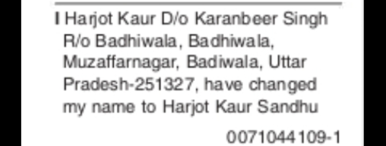 Name Change Notice – Harjot Kaur Sandhu