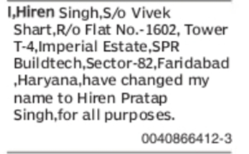Name Change Notice – Hiren Pratap Singh
