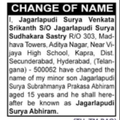 Name Change Notice Jagarlapudi Surya Venkata Srikanth