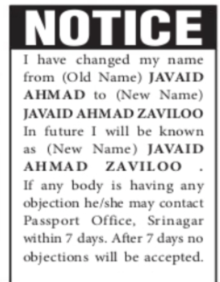 Name Change Notice – Javaid Ahmad Zaviloo