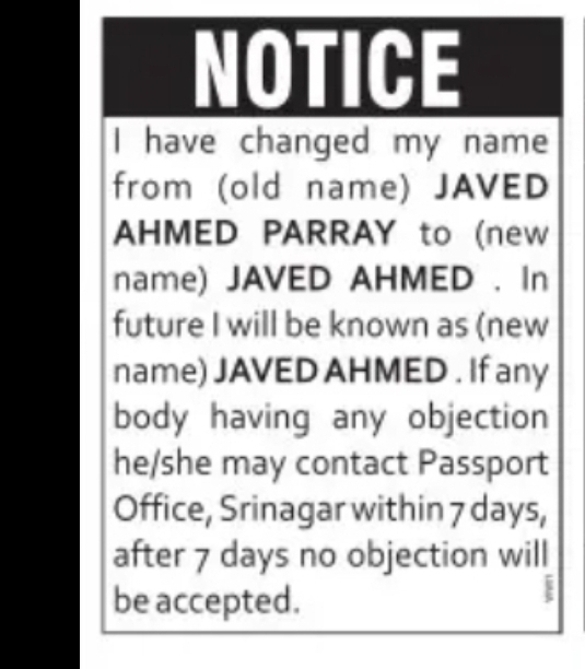 NAME CHANGE NOTICE – JAVED AHMED