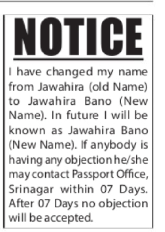 Name Change Notice – Jawahira Bano
