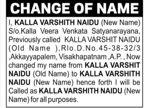 Name Change Notice – Kalla Varshith Naidu