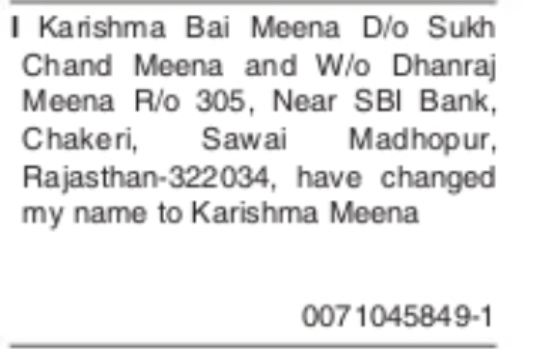Name Change Notice – Karishma Bai Meena to Karishma Meena