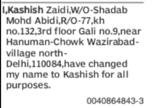Name Change Notice – Kashish Zaidi to Kashish