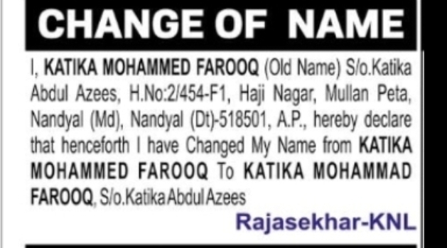 Name Change Notice – Katika Mohammad Farooq