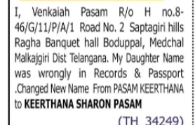 Name Change Notice – Keerthana Sharon Pasam