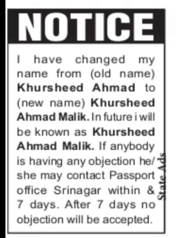 Name Change Notice – Khursheed Ahmad Malik