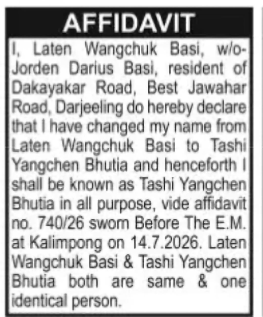Name Change Notice – Laten Wangchuk Basi to Tashi Yangchen Bhutia