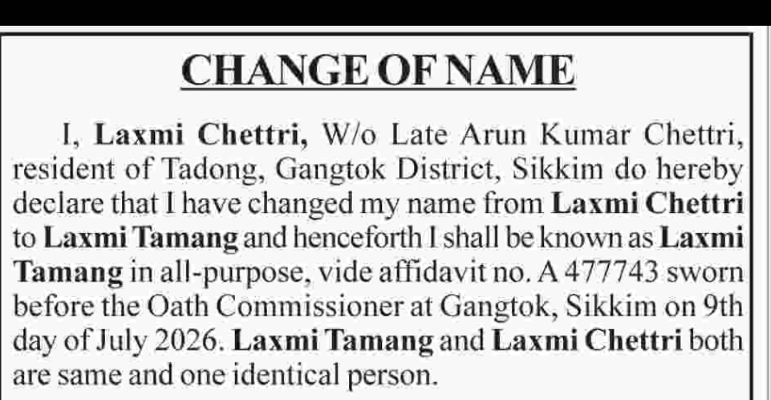 Name Change Notice – Laxmi Chettri to Laxmi Tamang