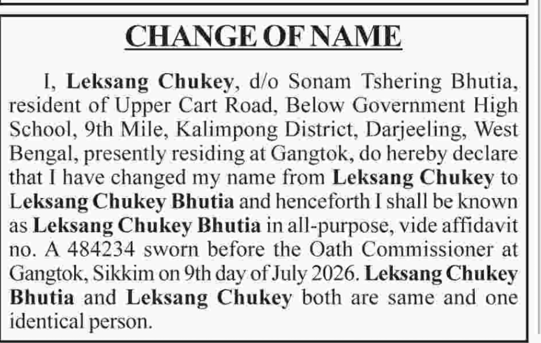Name Change Notice – Leksang Chukey to Leksang Chukey Bhutia