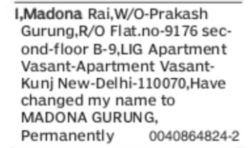Name Change Notice – Madona Rai to Madona Gurung