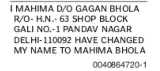 Name Change Notice – Mahima to Mahima Bhola