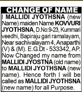 Name Change Notice – Mallidi Jyothsna