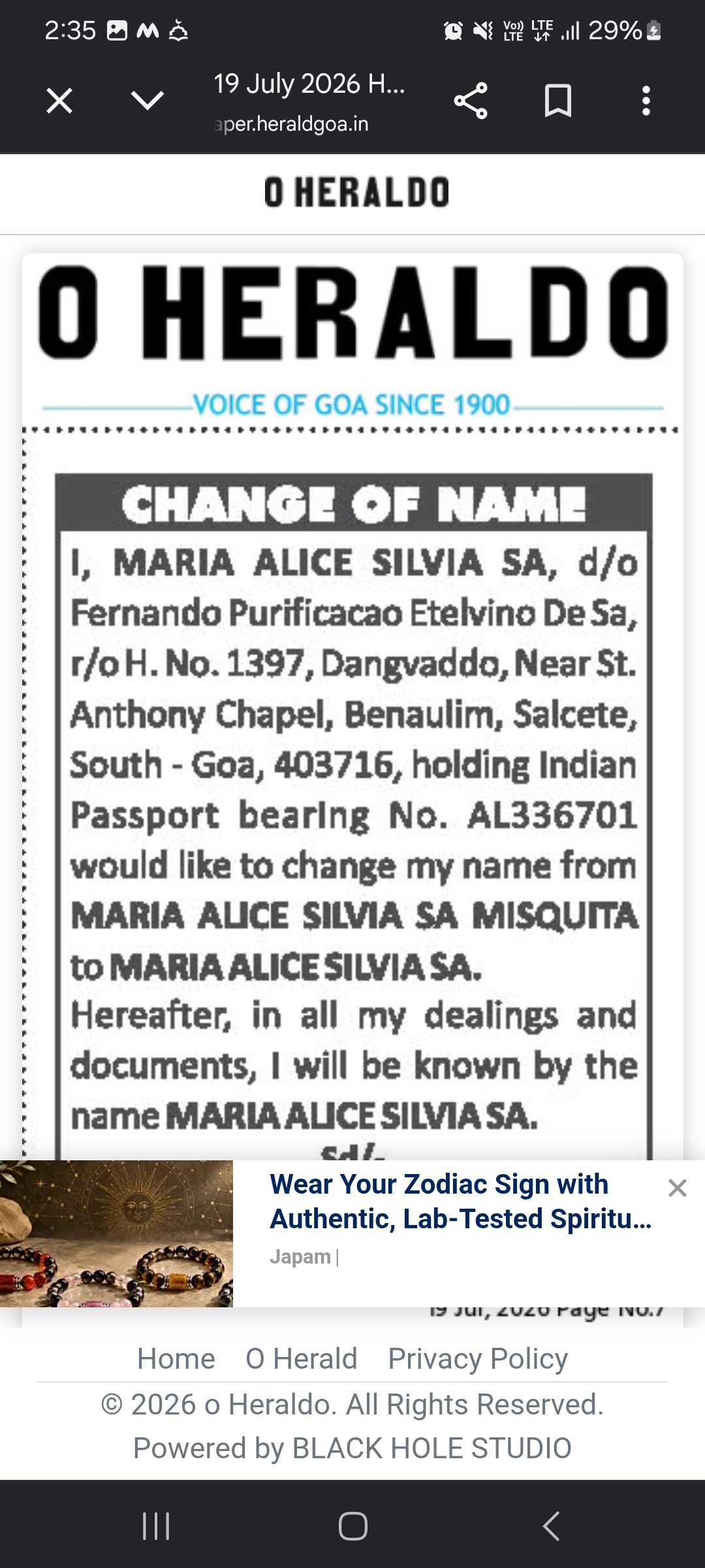 Name Change Notice – Maria Alice Silvia Sa
