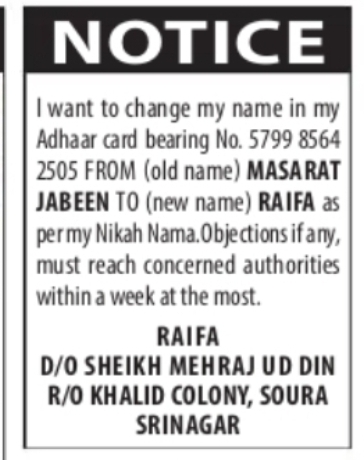 Name Change Notice – Masarat Jabeen to Raifa